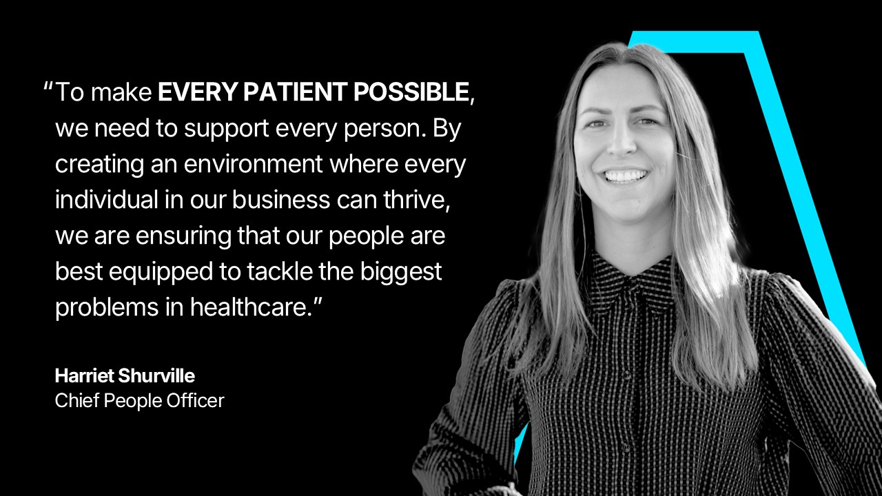 Quote card showing Harriet Shurville, Chief People Officer. Copy: 'To make EVERY PATIENT POSSIBLE, we need to support every person. By creating an environment where every individual in our business can thrive, we are ensuring that our people are best equipped to tackle the biggest problems in healthcare.'